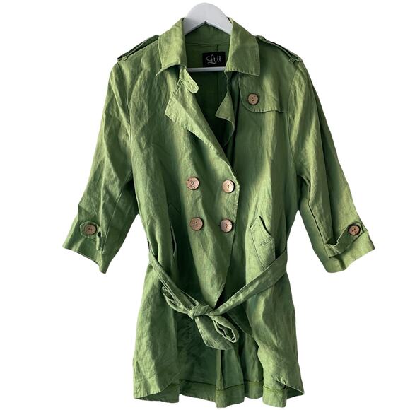 Luii 100% Linen Olive Green Double Breasted Light Jacket with Belt - Size L - Picture 1 of 10